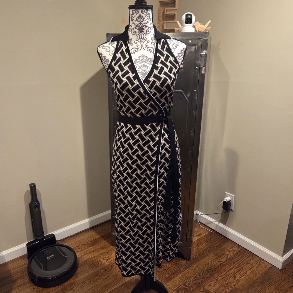 NWT Diane von Furstenberg Collared Sleeveless Midi Vintage Weave Wrap Dress szXS